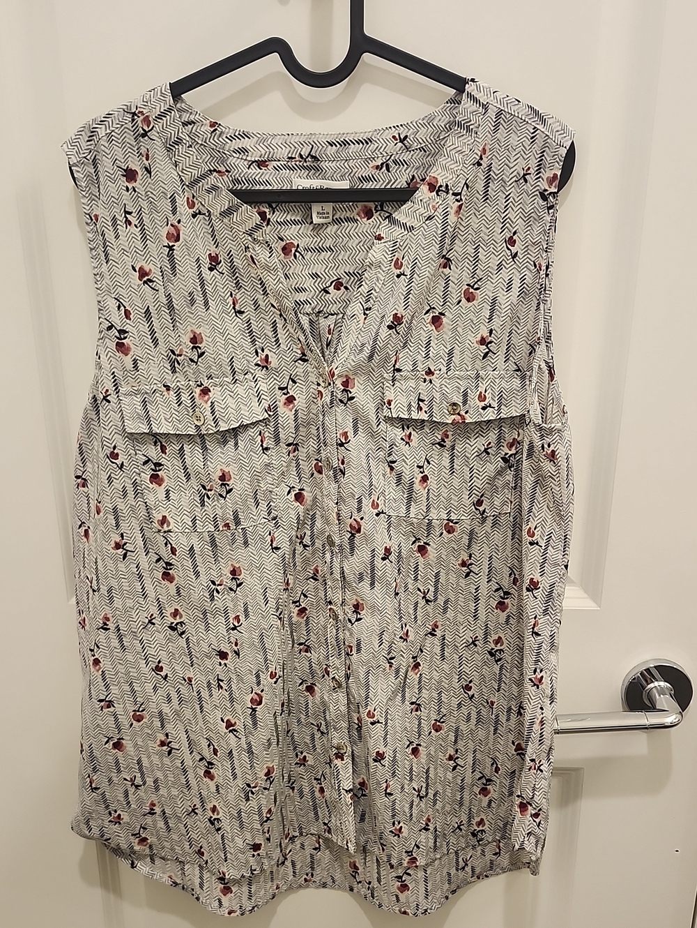 Croft & Barrow Sleeveless White Floral Print Blouse Pockets Womens Size Large